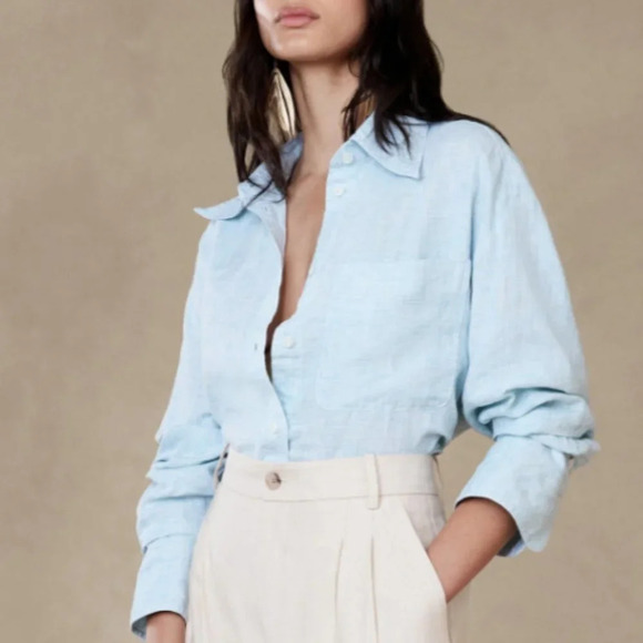 Banana Republic 100% Linen The Boxy Cropped Shirt Striped Zebra Size Small - Picture 2 of 9